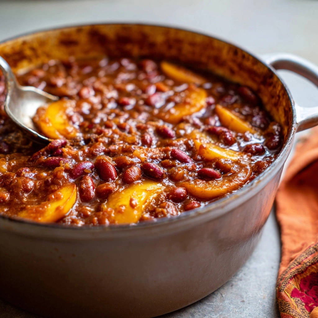 Deftiger Bohneneintopf mit Apfel und Cranberry in einem Topf, nahaufnahme der Textur und der Zutaten.