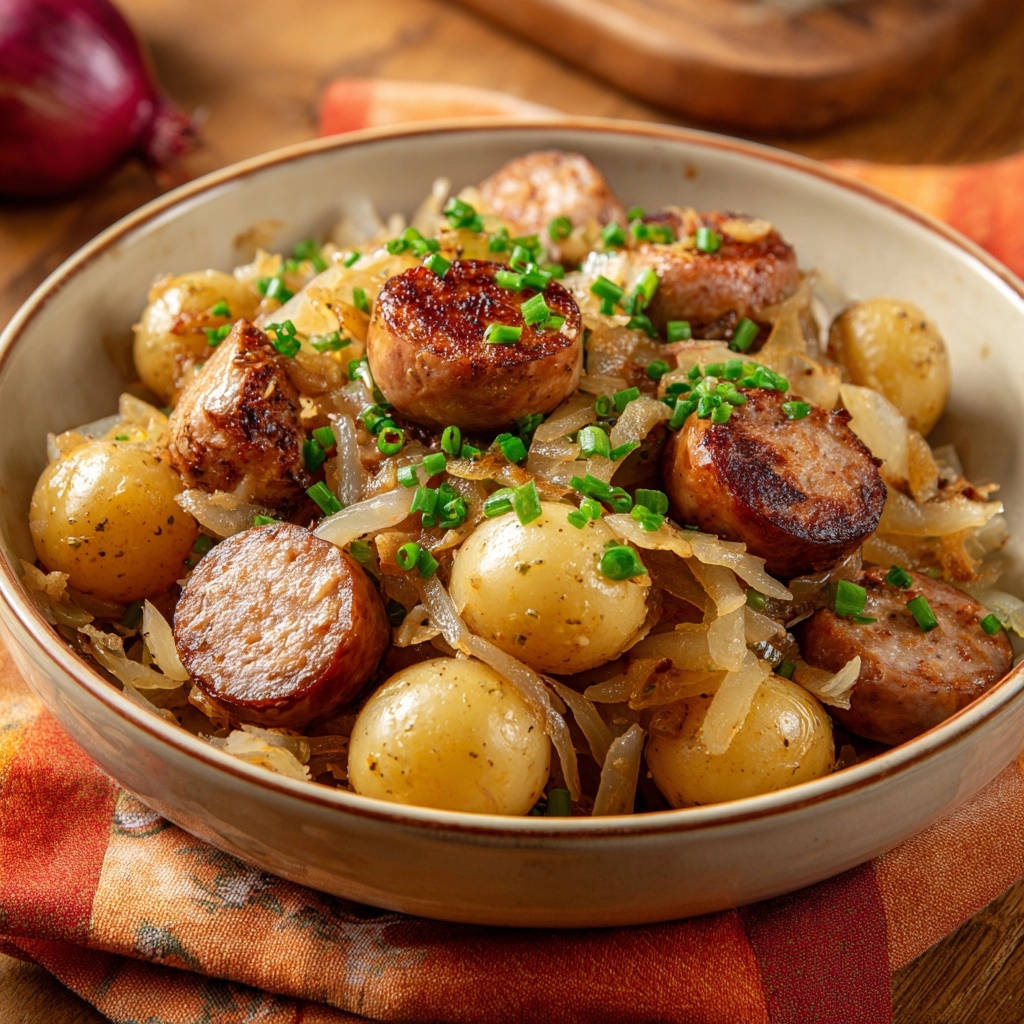 Deftige Bratwurstpfanne mit Sauerkraut und Kartoffeln als Nahaufnahme mit frischer Schnittlauchgarnitur.