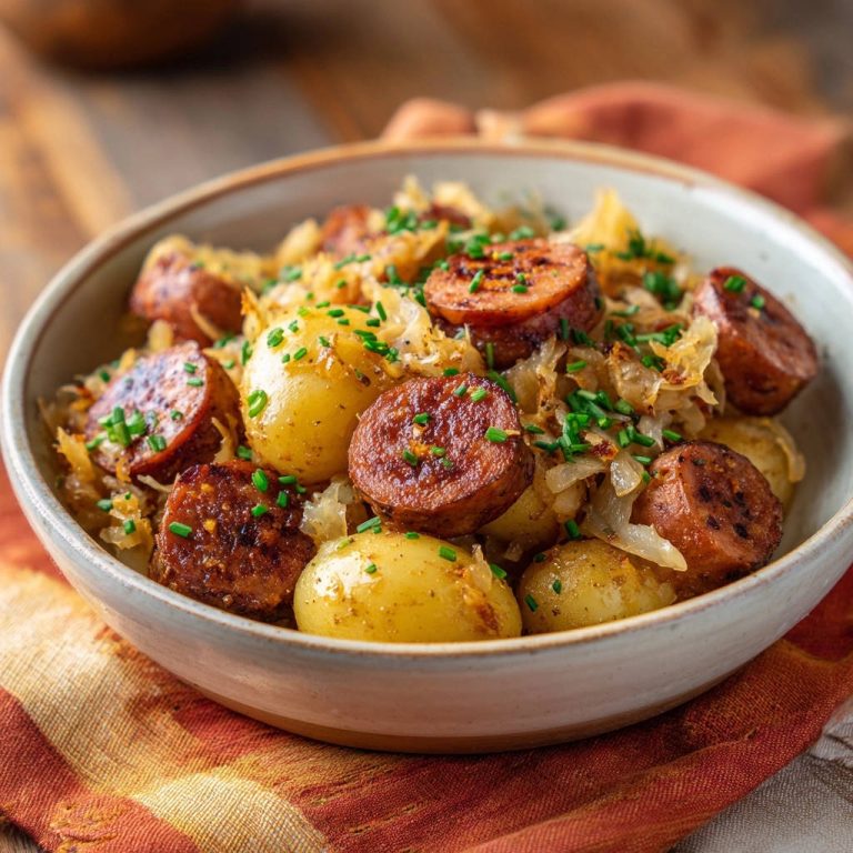 Deftige Bratwurstpfanne mit Sauerkraut und Kartoffeln als Nahaufnahme im grauen Keramikschälchen, garniert mit Schnittlauch.