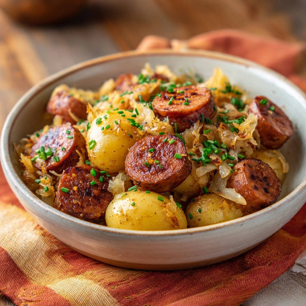 Deftige Bratwurstpfanne mit Sauerkraut und Kartoffeln als Nahaufnahme im grauen Keramikschälchen, garniert mit Schnittlauch.