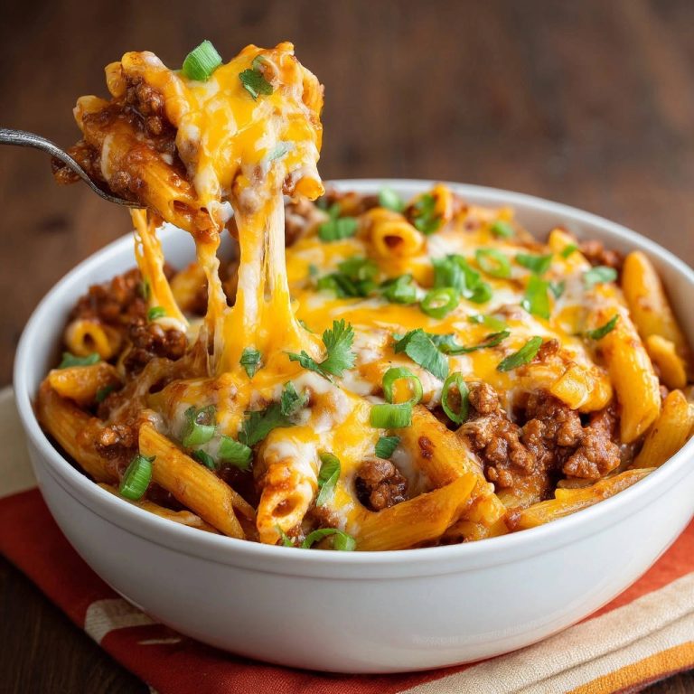 Cheesy Beef Penne mit geschmolzenem Käse, der von einer Gabel gezogen wird, garniert mit Frühlingszwiebeln.