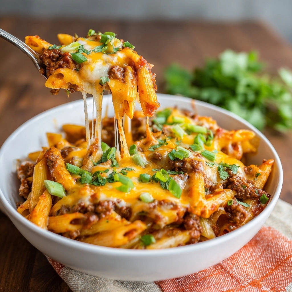 Cheesy Beef Penne, eine Nahaufnahme mit geschmolzenem Käse, der Fäden zieht, und frischen Frühlingszwiebeln.