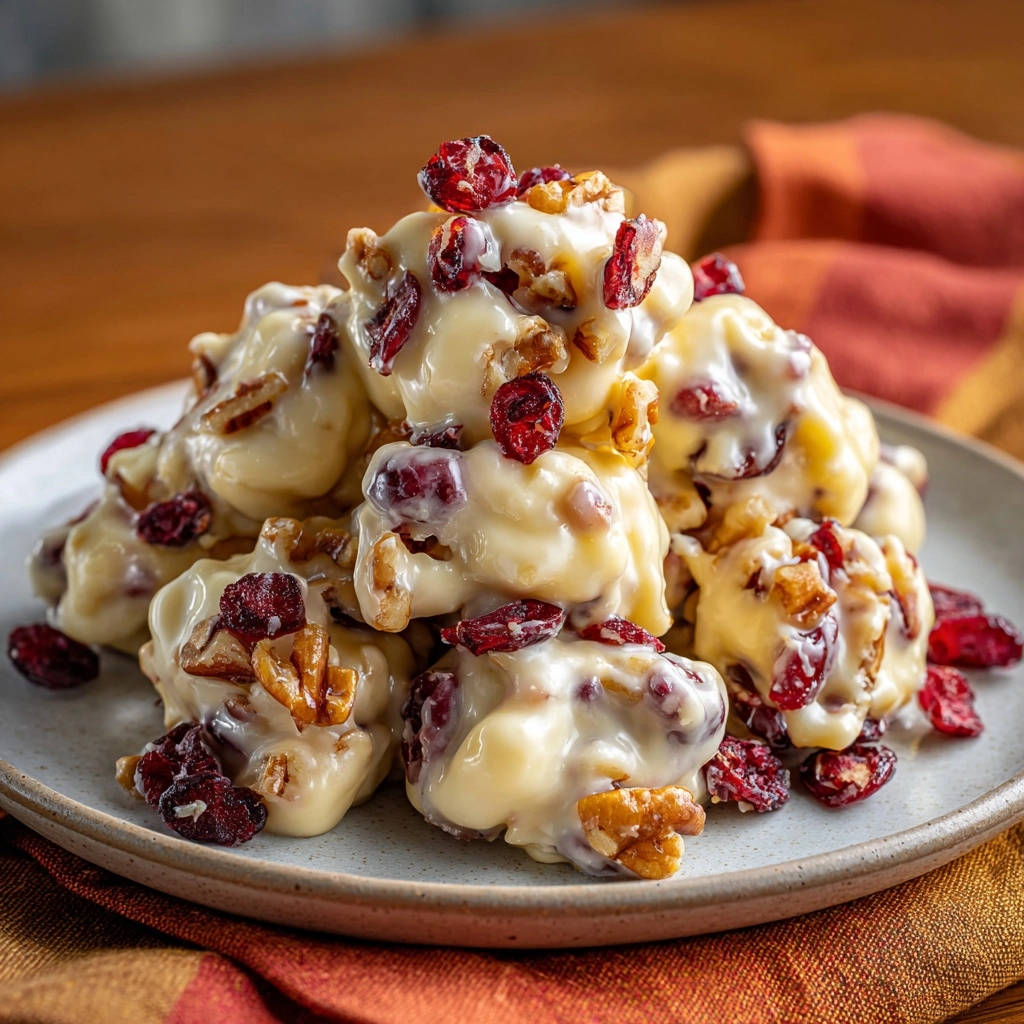 Cranberry-Nuss-Häppchen mit einem Nahaufnahme-Detail der saftigen Cranberries und knackigen Nüssen, die in die süße Glasur eingebettet sind.