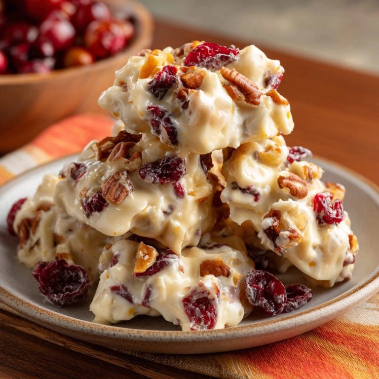 Cranberry-Nuss-Häppchen auf einem Teller gestapelt, Nahaufnahme der Textur mit getrockneten Cranberries und Pekannüssen.