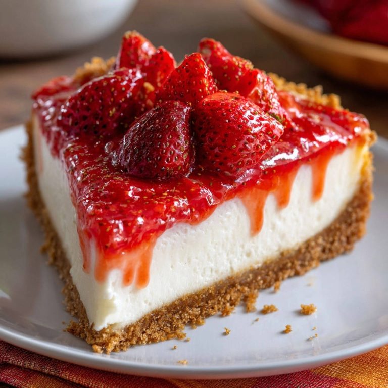 Cremiger Erdbeer-Käsekuchen ohne Backen als angeschnittene Portion auf einem Teller mit frischen Erdbeeren garniert.