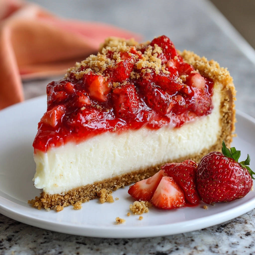 Cremiger Erdbeer-Käsekuchen ohne Backen, angeschnitten auf einem weißen Teller mit frischen Erdbeeren garniert.
