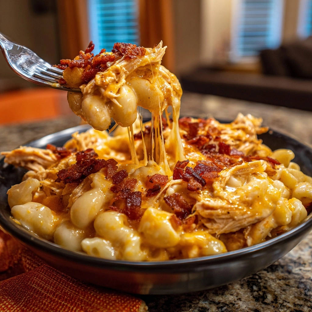 Cremige Hähnchen-Bacon-Pasta wird mit einer Gabel aus einer Schüssel gehoben, wobei der geschmolzene Käse Fäden zieht.