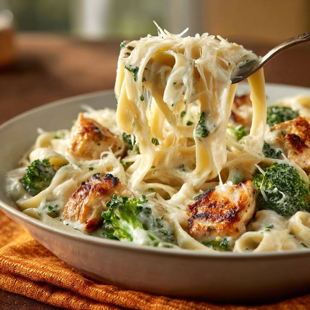 Cremige Hähnchen-Brokkoli-Fettuccine mit einer Gabel, die eine Portion aus der Schüssel hebt, detailreiche Nahaufnahme.
