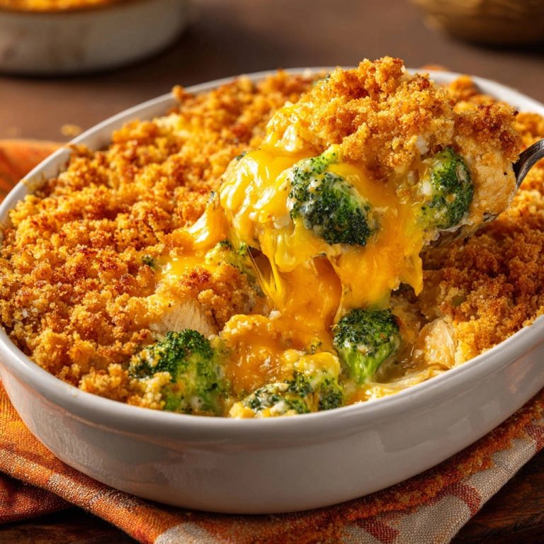 Cremiger Hähnchen-Brokkoli-Gratin mit unwiderstehlich knuspriger Kruste, Nahaufnahme der geschmolzenen Käseschicht und Brokkoliröschen.
