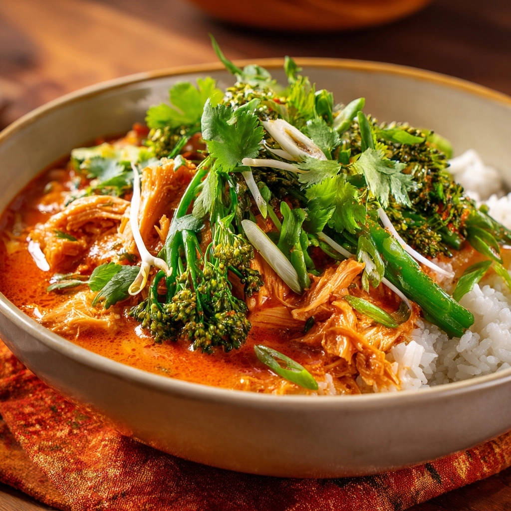 Cremiges Hähnchen-Curry mit Brokkolini, serviert in einer Schüssel und garniert mit frischen Kräutern und Frühlingszwiebeln.