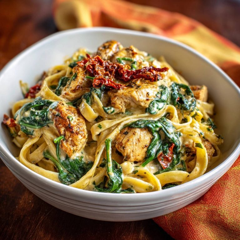Cremige Hähnchen-Spinat-Pasta mit getrockneten Tomaten, detailreiche Nahaufnahme der Pasta mit Hähnchenstücken und Spinat in cremiger Sauce.