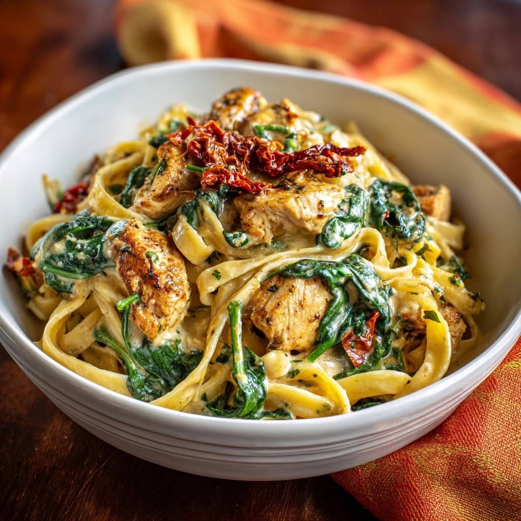 Cremige Hähnchen-Spinat-Pasta mit getrockneten Tomaten, detailreiche Nahaufnahme der Pasta mit Hähnchenstücken und Spinat in cremiger Sauce.