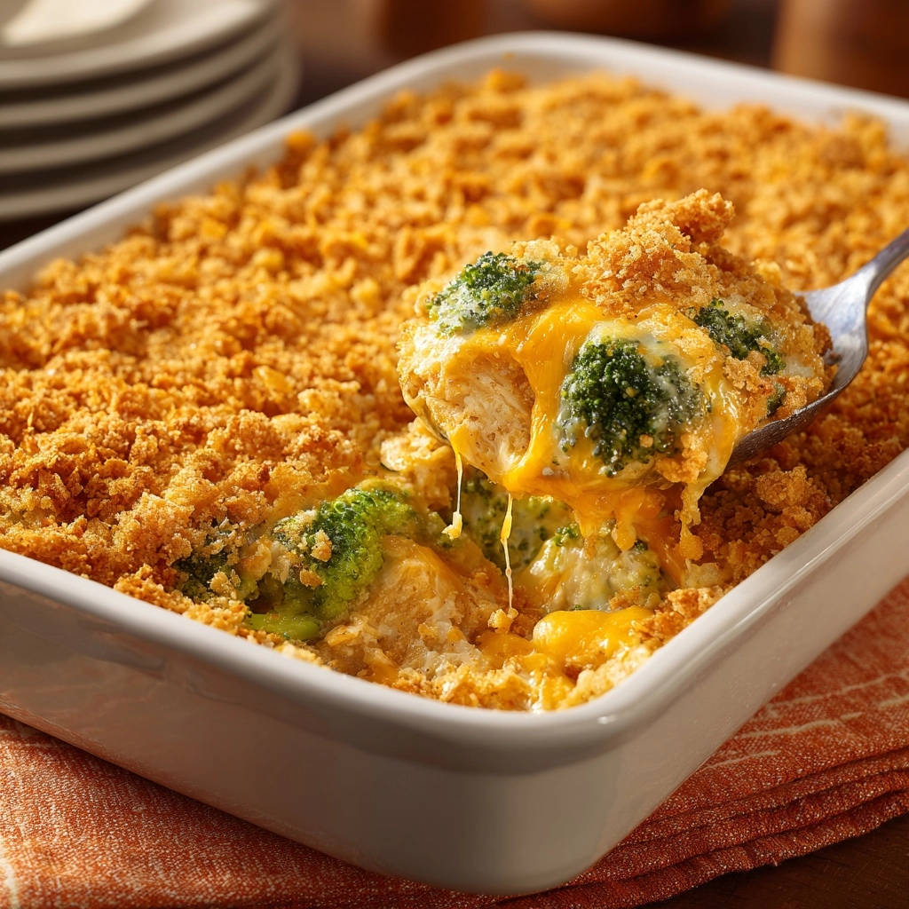 Cremiger Hähnchen-Brokkoli-Gratin mit unwiderstehlich knuspriger Kruste, die von einer Löffelportion enthüllt wird