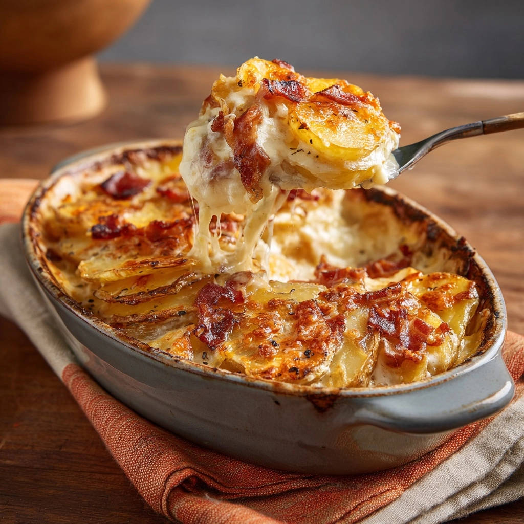 Cremiges Kartoffel-Gratin mit knusprigem Topping, ein Löffel voller geschmolzenen Käses wird herausgehoben.