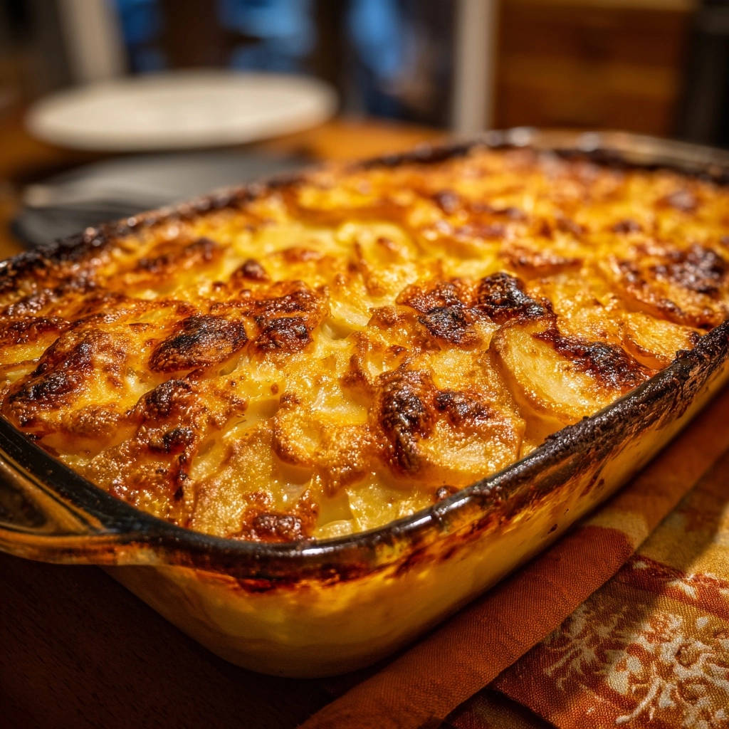 Cremiges Kartoffelgratin, nahaufnahme des goldbraun gebackenen Auflaufs in einer Glasform.