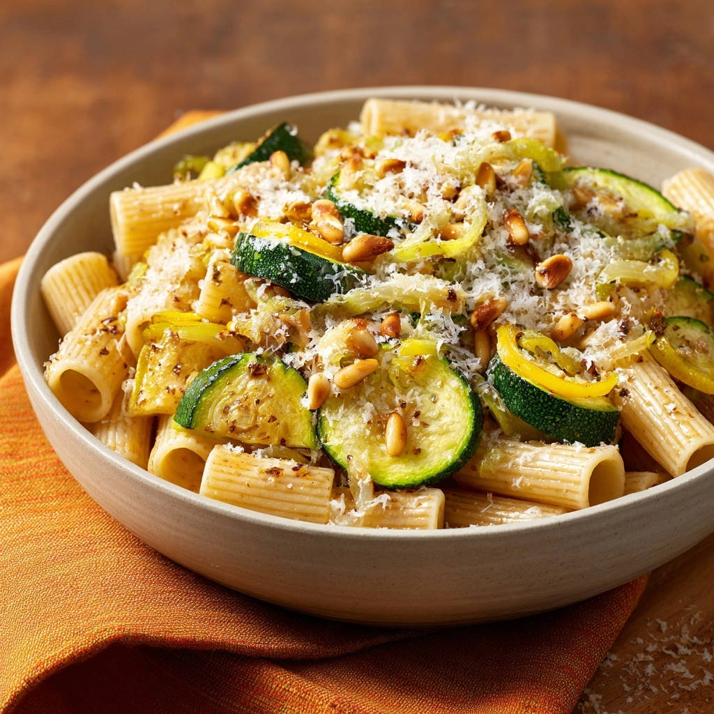 Cremige Lauch-Zucchini-Pasta mit Pinienkernen, Nahaufnahme der Textur mit geriebenem Käse und gerösteten Pinienkernen.