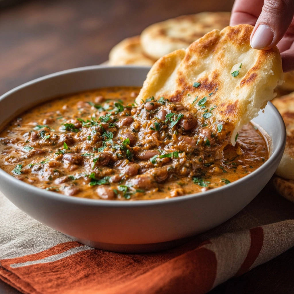 Cremiges Linsen-Daal mit Naan, wobei ein Stück Naan in die schmackhafte Linsensauce getaucht wird.