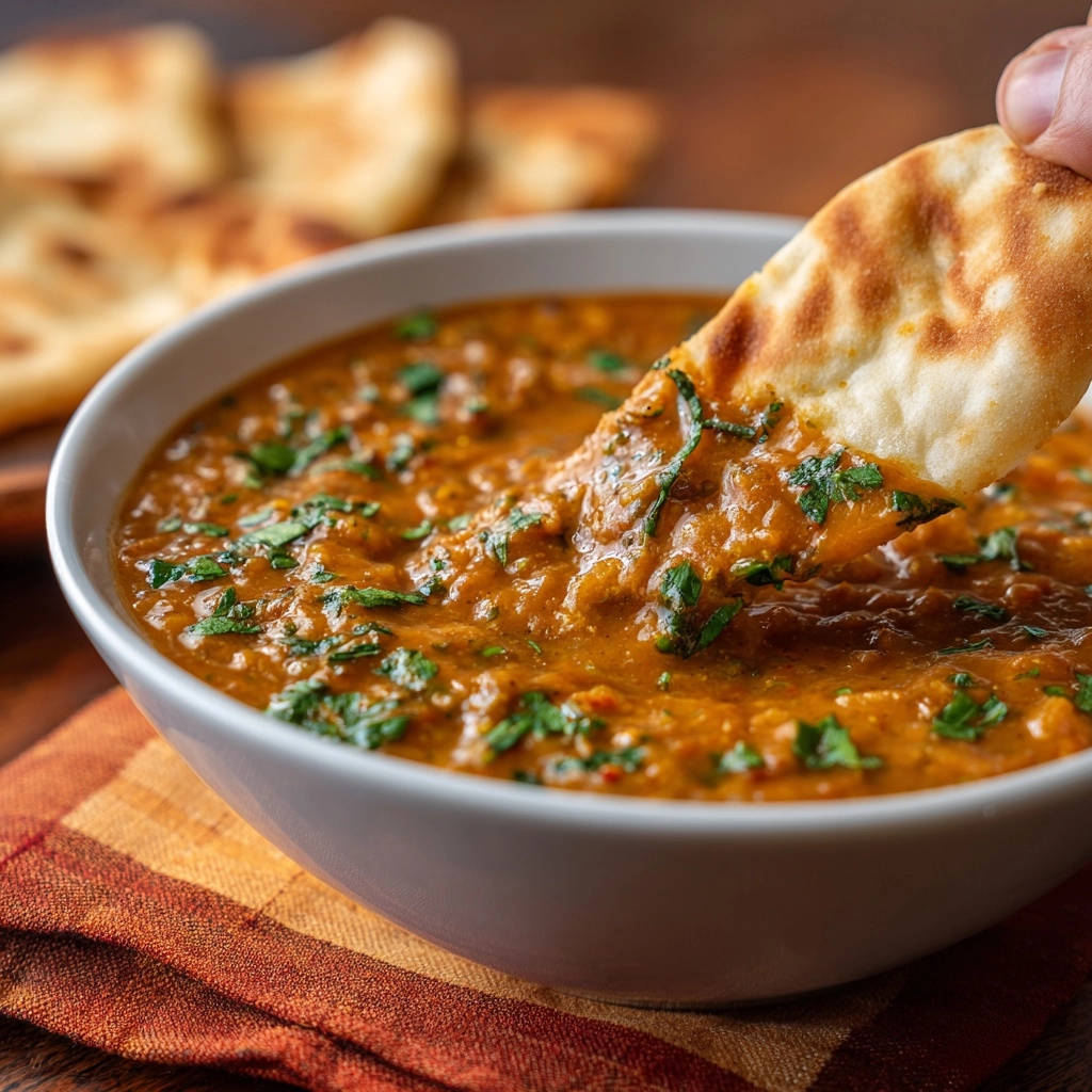 Cremiges Linsen-Daal mit Naan, das zum Eintauchen in die Schüssel verwendet wird, garniert mit frischer Petersilie.