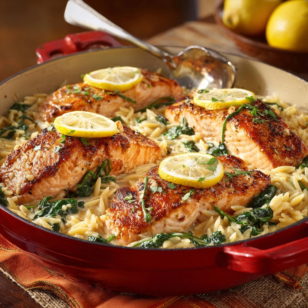 Cremiges Zitronen-Hähnchen mit Orzo und Spinat, garniert mit Zitronenscheiben und Kräutern in einer roten Auflaufform.