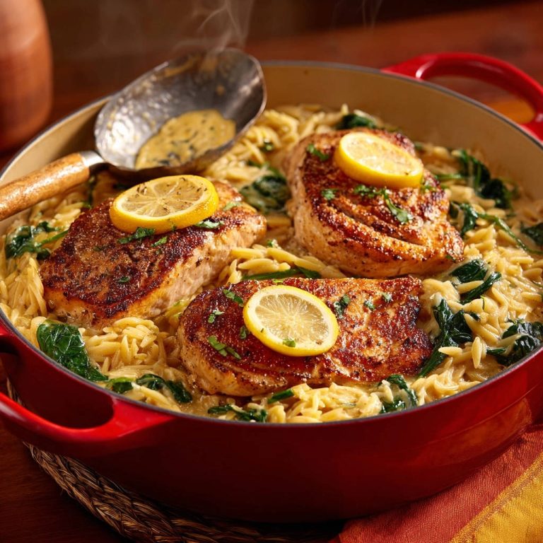 Cremiges Zitronen-Hähnchen mit Orzo und Spinat, serviert mit einer Kelle Sauce in einem roten Schmortopf.