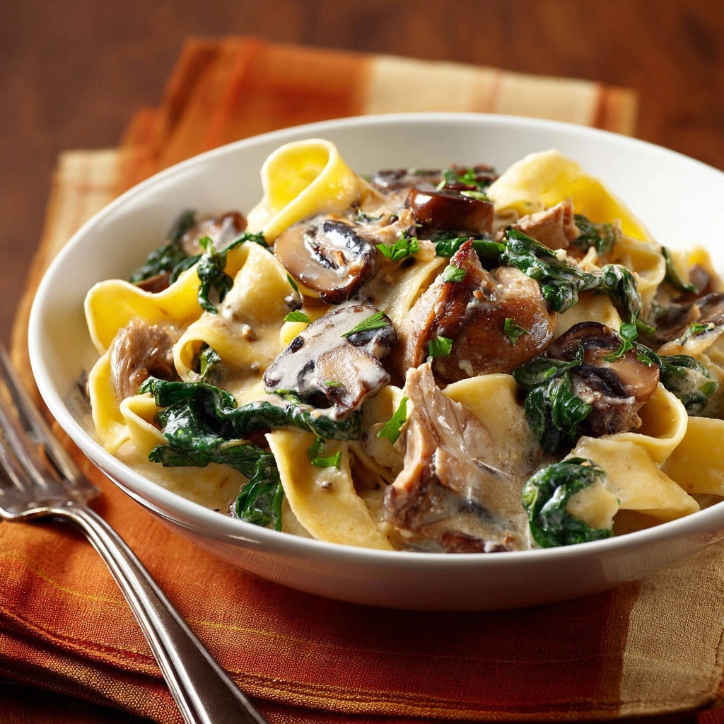 Cremige Bandnudeln mit Pilzen und Spinat, serviert in einer weißen Schüssel, Nahaufnahme der cremigen Pasta mit Pilzen und Spinat.
