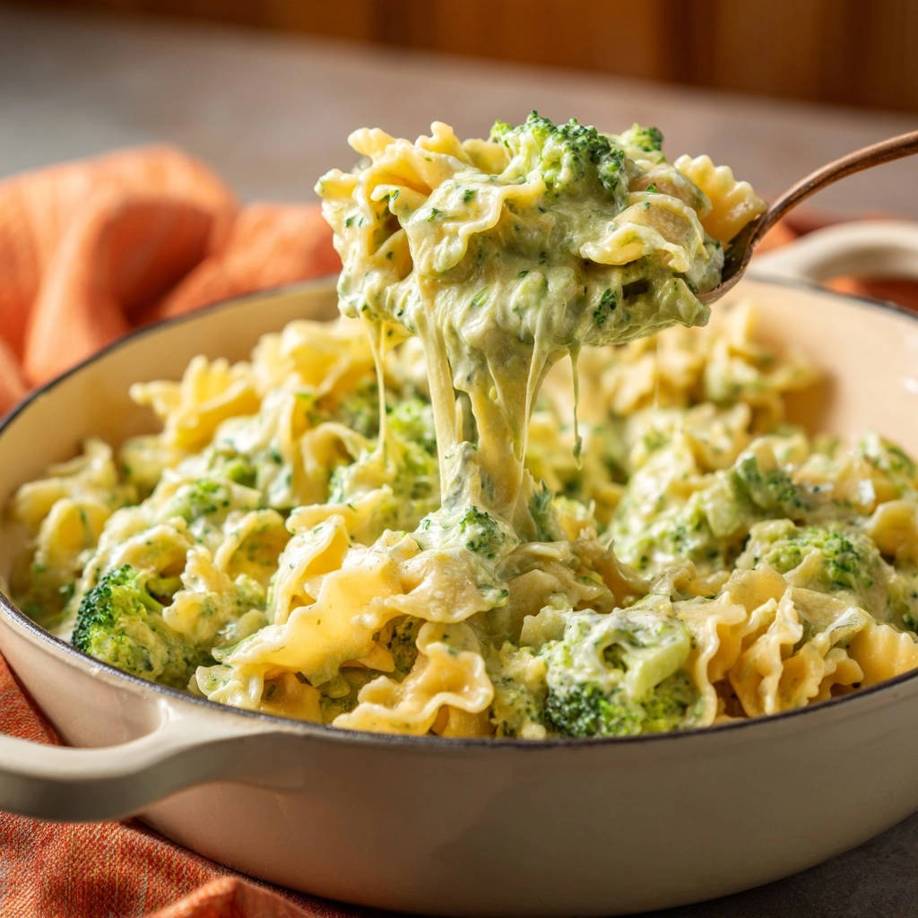 Cremige Brokkoli-Farfalle mit geschmolzenem Käse, das von einem Löffel gezogen wird, eine käsige Nahaufnahme.