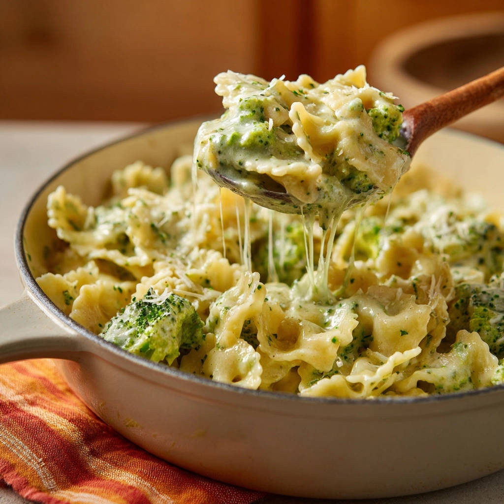 Cremige Brokkoli-Farfalle, von einem Löffel mit schmelzendem Käse und frischer Petersilie serviert.