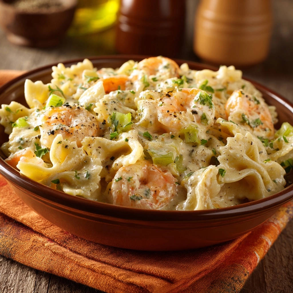 Cremige Farfalle mit Garnelen und Sellerie, nahaufnahme der cremigen Nudeln mit Garnelen und Kräutern.