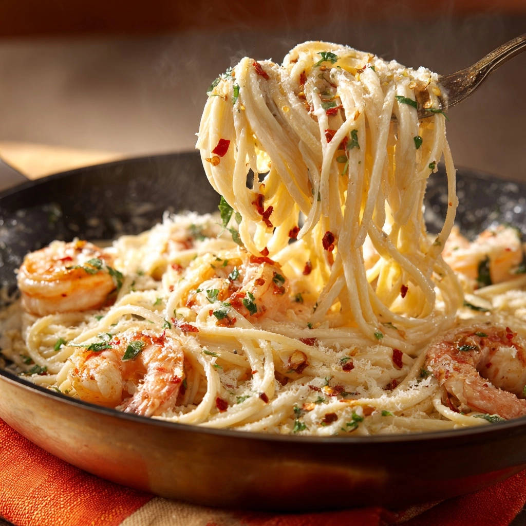 Cremige Garnelen Spaghetti mit einer Gabel angehoben, zeigt die dampfende Pasta mit Garnelen und Parmesan.