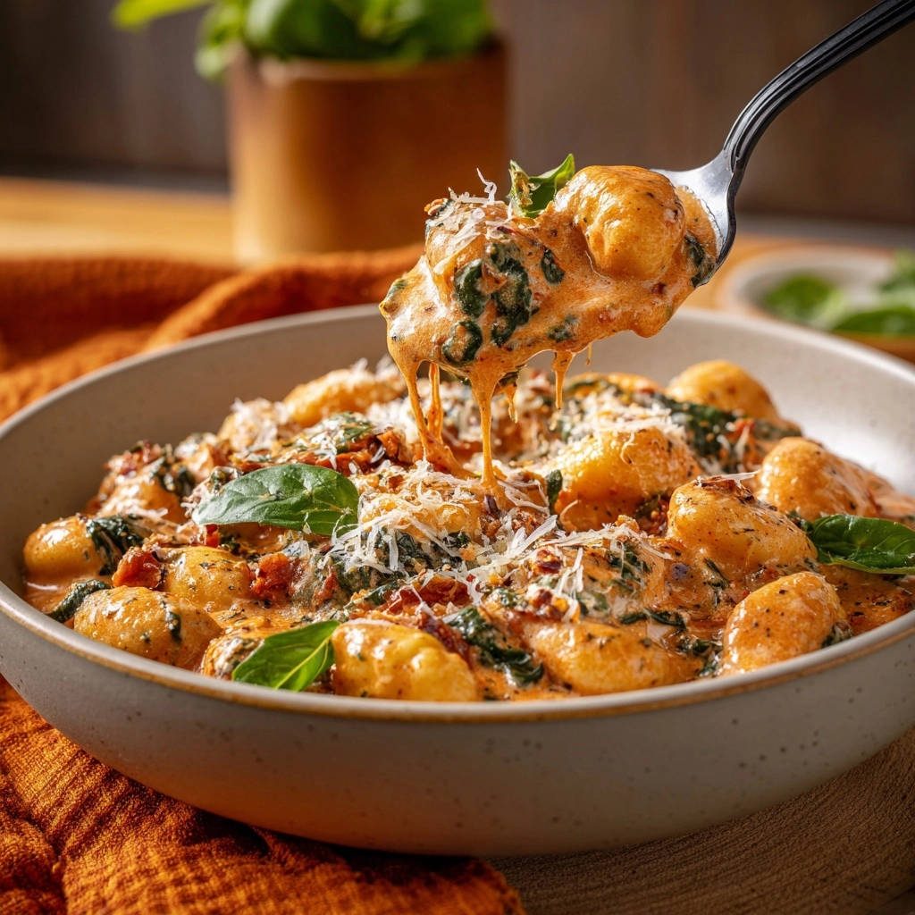 Cremige Gnocchi mit Spinat und sonnengetrockneten Tomaten, serviert mit einer Gabel, die eine Portion aus der Schüssel hebt.