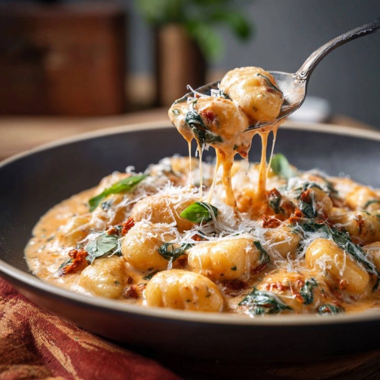 Cremige Gnocchi mit Spinat und sonnengetrockneten Tomaten, serviert auf einem Löffel mit geschmolzenem Käse.