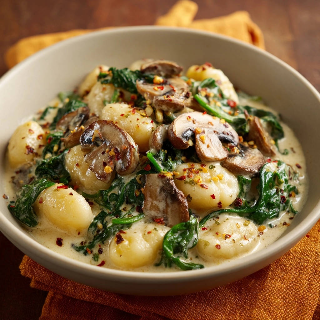 Cremige Gnocchi-Pfanne mit Pilzen und Spinat, eine detailreiche Nahaufnahme der cremigen Sauce und der Gnocchi.