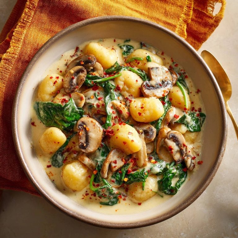 Cremige Gnocchi-Pfanne mit Pilzen und Spinat, serviert in einer Schüssel mit zerdrückten Chiliflocken, Nahaufnahme.