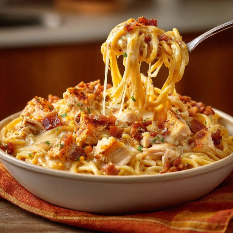 Cremige Hähnchen-Bacon-Pasta mit geschmolzenem Käse, serviert auf einer Gabel aus der Schüssel