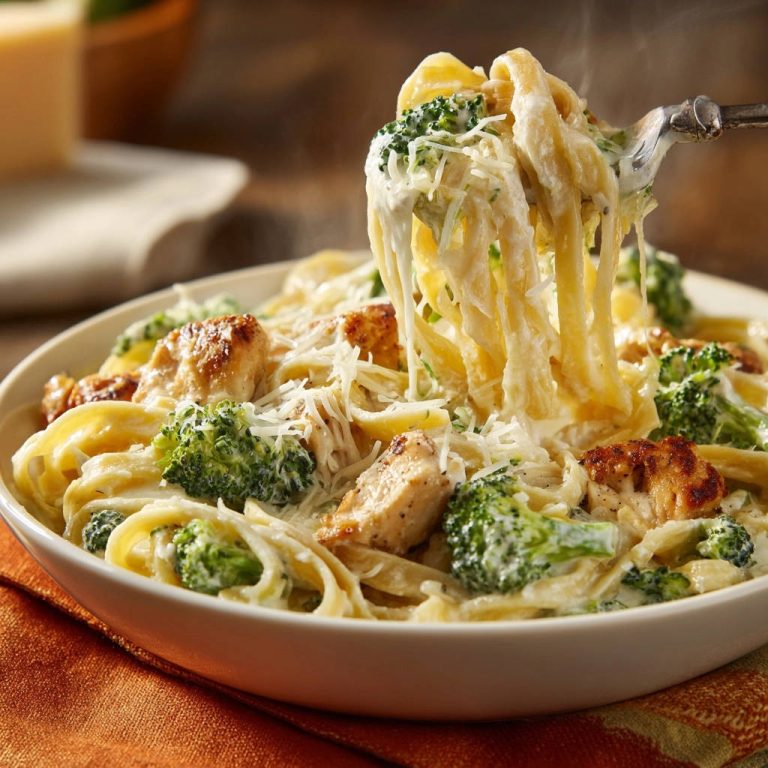 Cremige Hähnchen-Brokkoli-Fettuccine mit einer Gabel herausgehoben, überzogen mit Käse und dampfend heiß serviert.