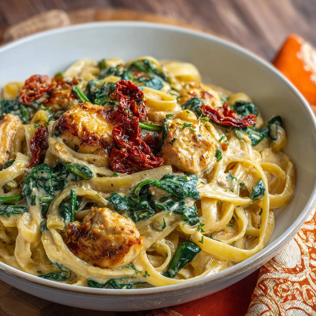 Cremige Hähnchen-Spinat-Pasta mit getrockneten Tomaten als Nahaufnahme mit cremiger Sauce und saftigen Hähnchenstücken.