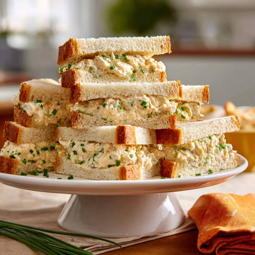 Cremige Hähnchensalat-Sandwiches gestapelt auf einer Tortenplatte mit Chives garniert