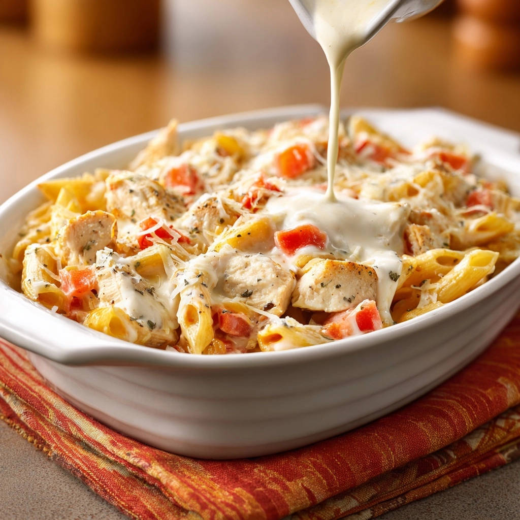 Cremige Hähnchen-Ofen-Pasta wird mit einer köstlichen Käsesauce übergossen, was die saftige Zubereitung betont.