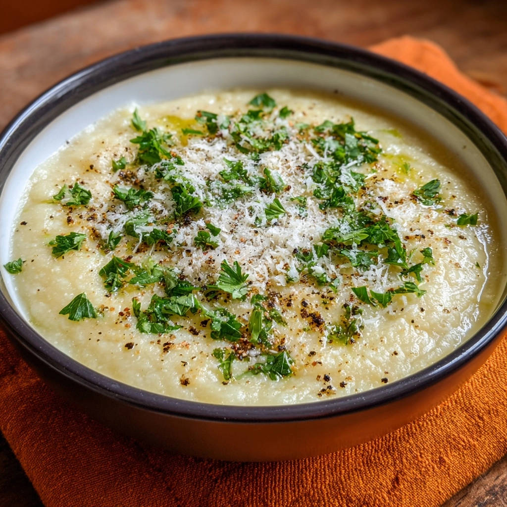 Cremige Kartoffelsuppe garniert mit frischer Petersilie und Parmesan, bereit zum Servieren.