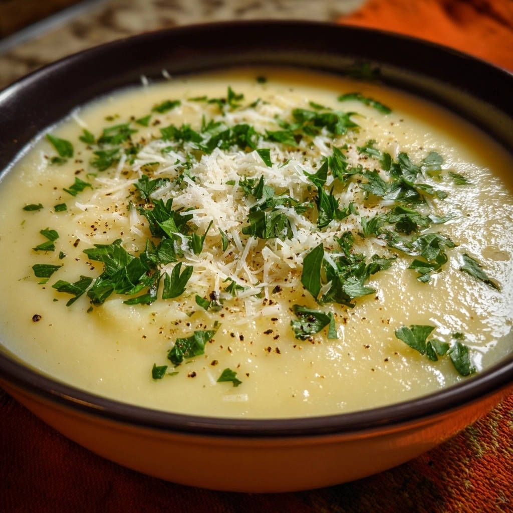 Cremige Kartoffelsuppe garniert mit frischer Petersilie und geriebenem Parmesan, bereit zum Servieren.