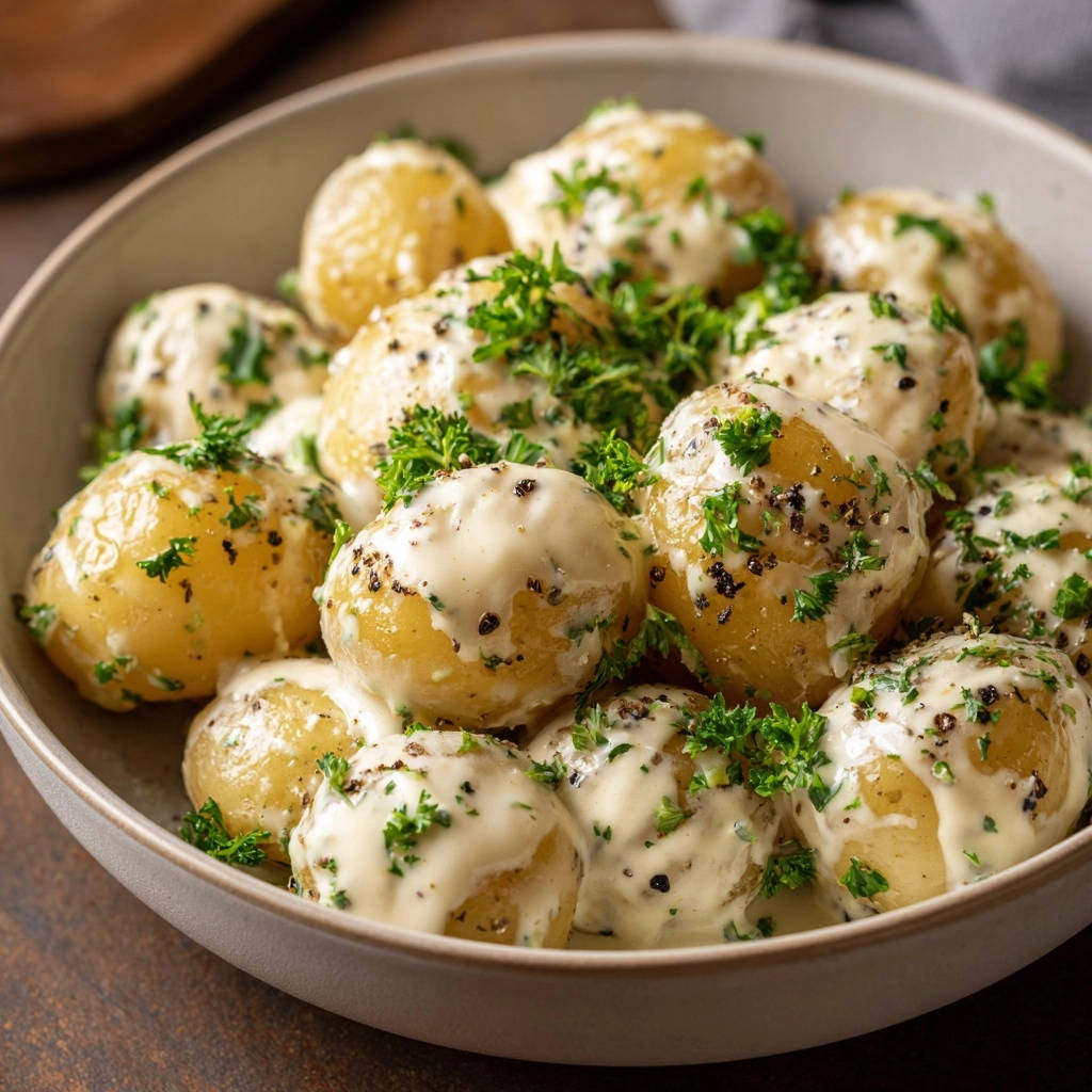 Cremige Kräuterkartoffeln mit einer reichhaltigen Soße und frischen Kräutern in einer Schüssel, Nahaufnahme.