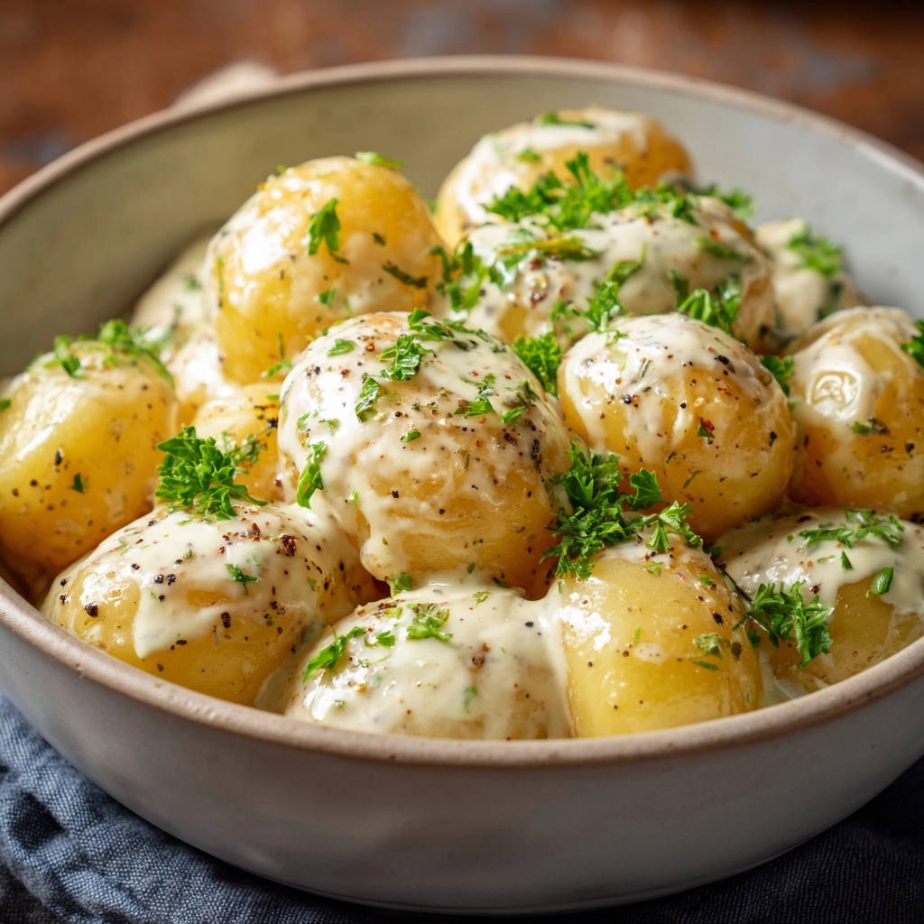 Cremige Kräuterkartoffeln mit einer reichhaltigen Soße und frischer Petersilie, eine Nahaufnahme der cremigen Textur.