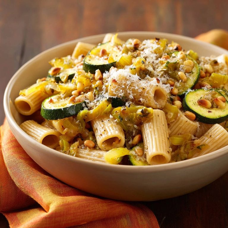 Cremige Lauch-Zucchini-Pasta mit Pinienkernen, nahaufnahme der gefüllten Rigatoni und des Gemüses in einer Schüssel.