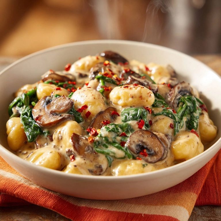 Cremige Pilz-Spinat-Gnocchi mit sichtbarem Dampf, serviert in einer Schüssel auf einem orangefarbenen Tuch.