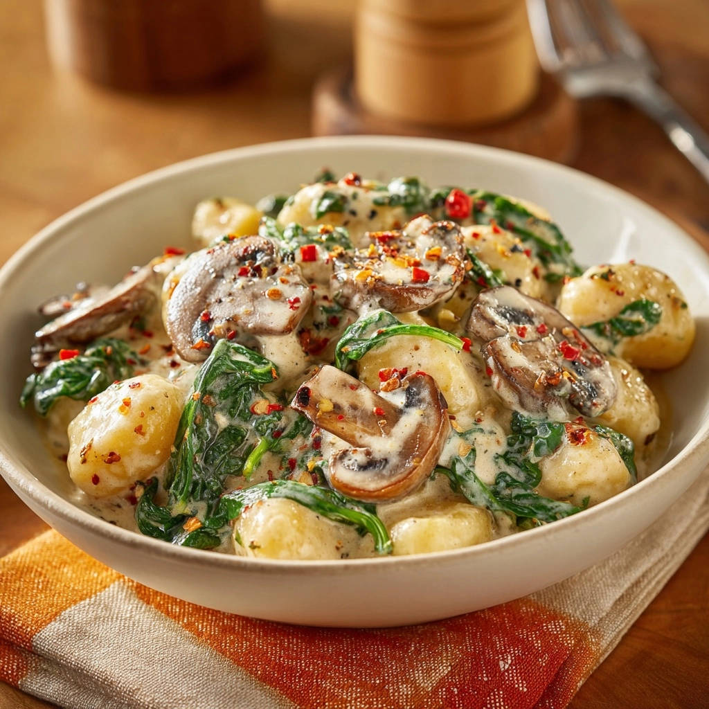 Cremige Pilz-Spinat-Gnocchi als Nahaufnahme mit sichtbaren Chiliflocken und cremiger Sauce, auf einem Teller serviert.