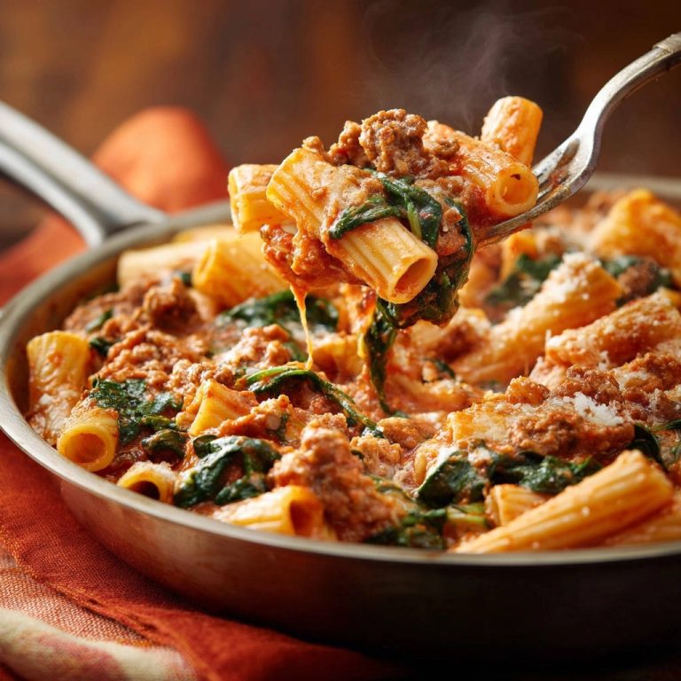 Cremige Rigatoni mit Hack und Spinat, von einer Gabel mit dampfender Sauce und geschmolzenem Käse aufgenommen