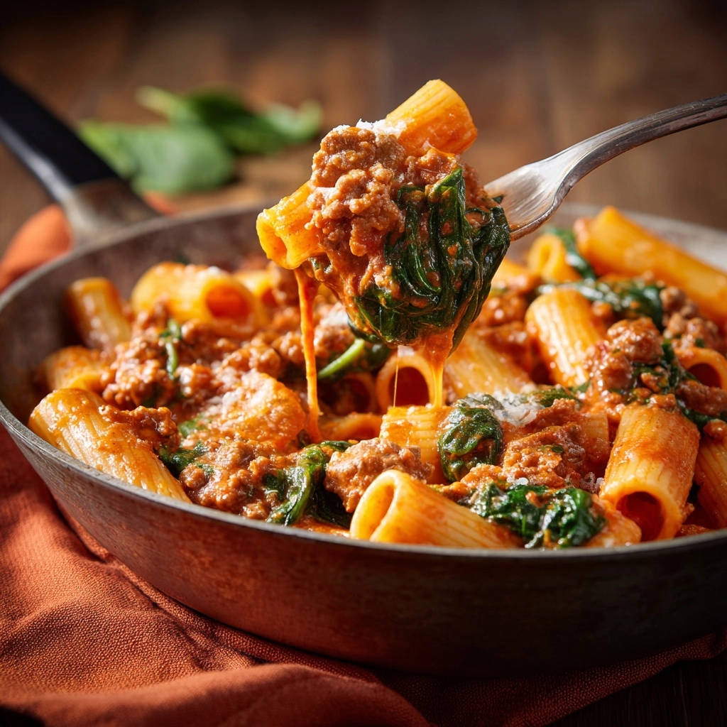 Cremige Rigatoni mit Hack und Spinat auf einer Gabel serviert, mit geschmolzenem Käse und Spinat.