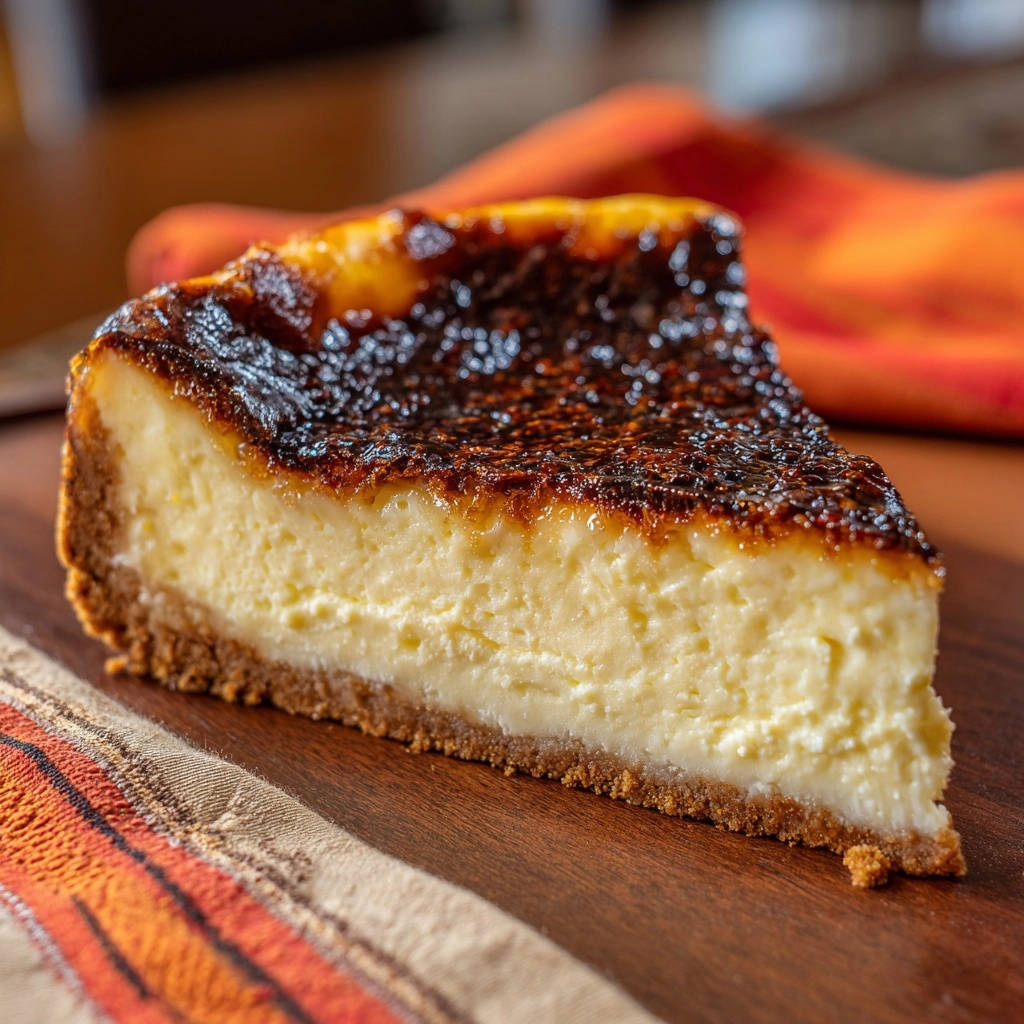 Cremiger Baskischer Käsekuchen angeschnitten, zeigt die cremige Textur und den karamellisierten Rand auf einem Holzteller.