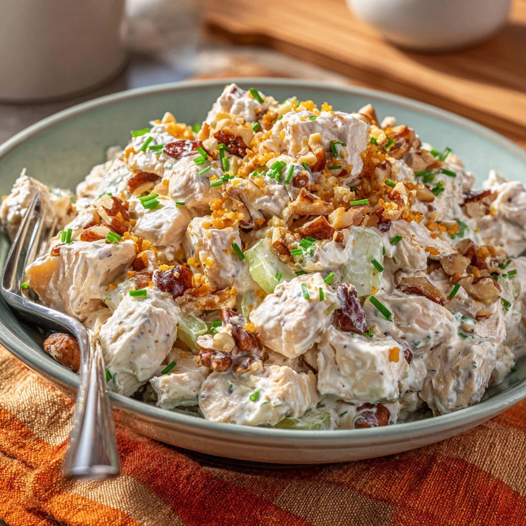 Cremiger Hähnchensalat mit Walnüssen und Sellerie, detailreich garniert mit gehackten Nüssen und Schnittlauch.