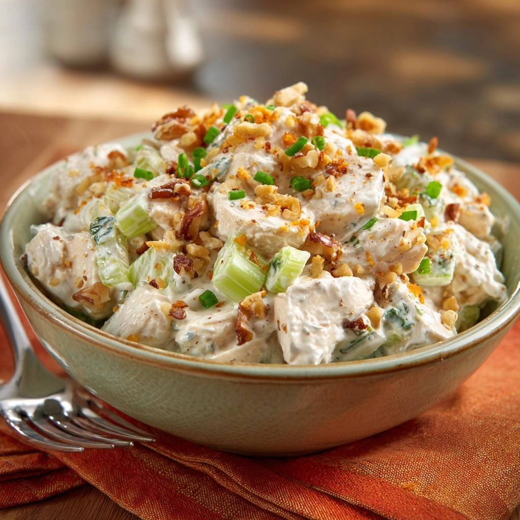 Cremiger Hähnchensalat mit Walnüssen und Sellerie, garniert mit gehackten Walnüssen und Schnittlauch, in einer Schüssel serviert.